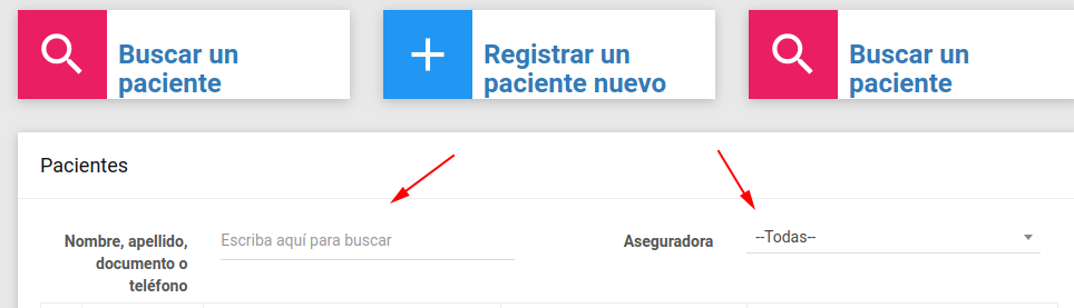 Imagen indicando los campos de texto que se usan para filtrar el paciente.